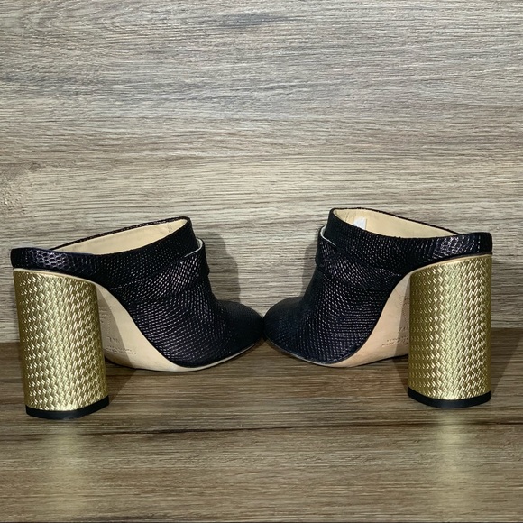Valentina Rangoni Sansone Leather Block Heel Mule Grafite Black and Gold Size- 7 - Picture 6 of 9